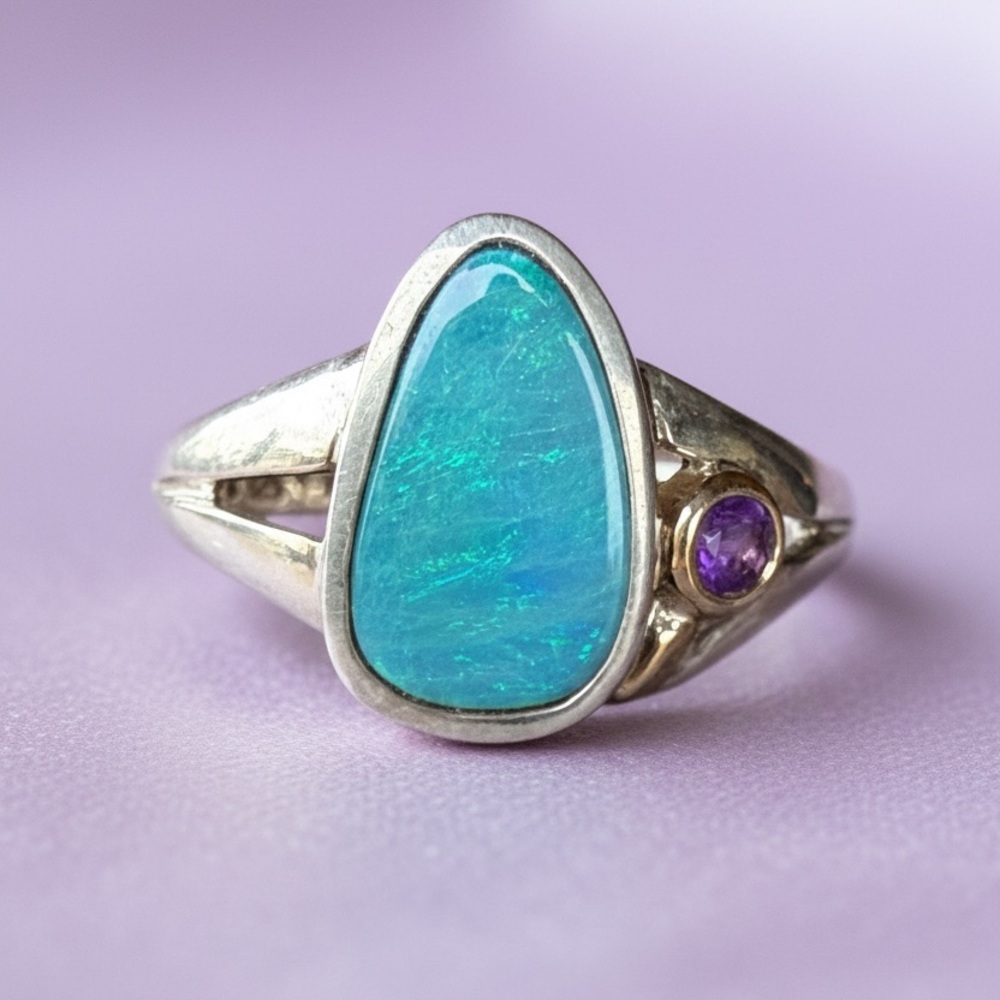 Sterling Silver Blue Opal and Purple Amethyst Ring stamped 925 MK